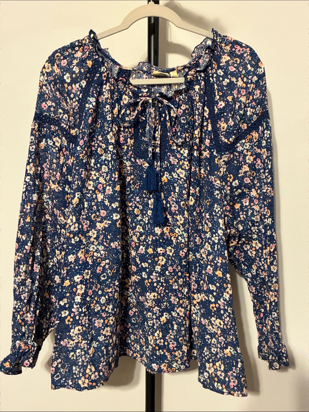 True Craft Floral Lace Boho Tassel Peasant Top Long Sleeve Cotton Navy Blue 3x